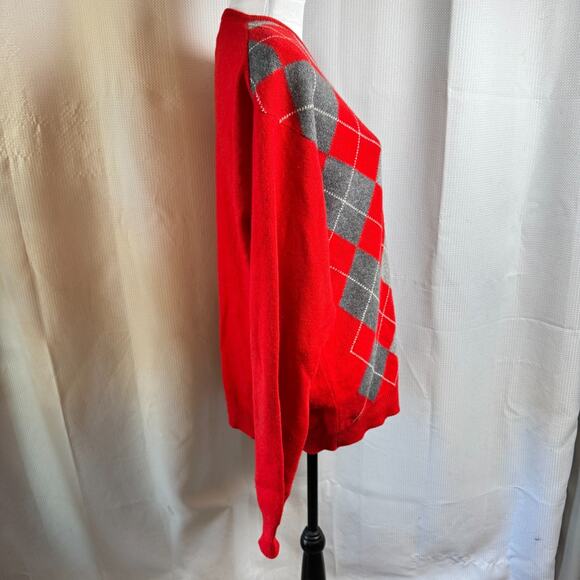 Vintage Lyle & Scott Mens XL Red Gray Argyle Cashmere Sweater Scotland 90s READ - Picture 10 of 11